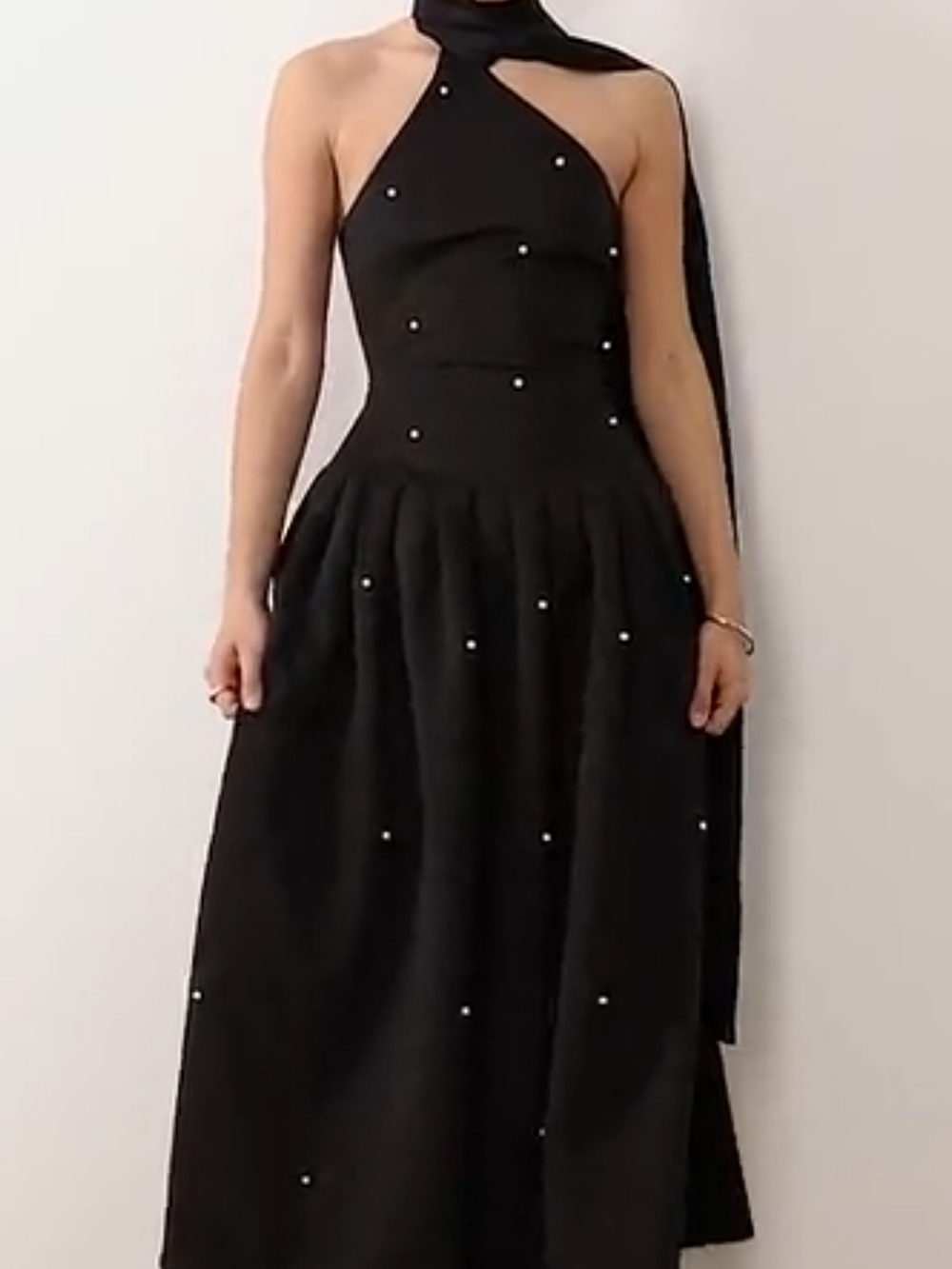 ASOS Black One-Shoulder Pearl-Studded Evening Dress
